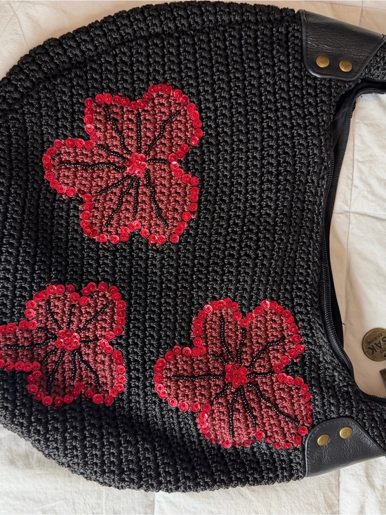 The Sak Handbags - The Sak Black Crochet Shoulder Bag with Red Sequin Floral Appliqués